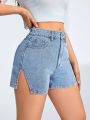 Water Washed Denim Shorts With Side Slit Detail