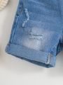 SHEIN Baby Boy Elastic Waist Blue Washed Ripped Summer Denim Short Cuffed Hem Jeans Shorts