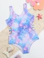 Young Girls' Hollow Out Waist Full Print One-Piece Swimsuit