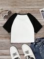 Young Girl's Casual And Simple Contrast Color Letter Printed Raglan Sleeve T-Shirt, Summer