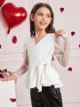 SHEIN Kids FANZEY Tween Girl Surplice Neck Contrast Mesh Gigot Sleeve Ruffle Blouse