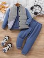 SHEIN Kids EVRYDAY 3Pcs/Set Young Boy Casual Sports Pullover Set With Corduroy Thick Jacket Vest, Solid Color Trendy Winter Outfits