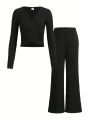 SHEIN Kids HYPEME Tween Girls' Fashionable Street Style Solid Color Knit Wrap Top And Long Pants Set