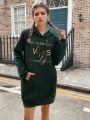 Letter Graphic Kangaroo Pocket Drop Shoulder Drawstring Hoodie Dress