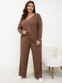 SHEIN Frenchy Plus Size Brown V-neck Loose Fit Long Sleeve Top And Casual Pants 2 Piece Set