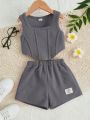 SHEIN Kids Y2Kool Young Girl's Asymmetric Hem Vest Top And Patched Detail Shorts Casual 2pcs Outfit