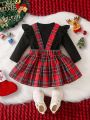 Baby Girl Christmas Elk Print Ruffle Trim Tartan Print Ruffle Trim 2 In 1 Dress