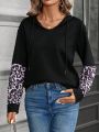 SHEIN LUNE Leopard Patchwork Long-sleeved Hooded Sweatshirt