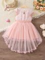 SHEIN Kids CHARMNG Young Girl Light Pink Solid Color Romantic & Sweet Mesh Dress With Round Neckline And Short Sleeves For Summer