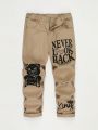 Boys' Fashionable Bear Slogan Printed Cut-out Ripped Straight Leg Jeans For Street Style