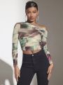 SHEIN BAE Asymmetric Collar Design Patterned Mesh Top