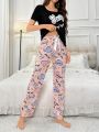 Letter Eyelashes Print T-Shirt&Cartoon Print Pants Pajama Set