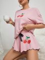 Cherry Printed Colorblock Pajama Set With Lettuce Trim