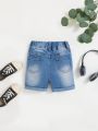 SHEIN Baby Boy Elastic Waist Blue Washed Ripped Summer Denim Short Cuffed Hem Jeans Shorts