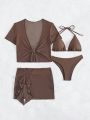 SHEIN Swim SXY Solid Color Triangle Cup Bikini Swimwear Set + Circular Ring Decor Cover Up Set