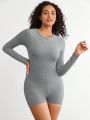 SHEIN Leisure Zip Front Long Sleeve Loungewear Romper