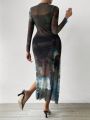 SHEIN Privé Tie-dye High Slit Dress