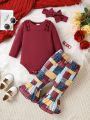 3pcs/Set Infant Girls' Frill Edge Bodysuit, Leisure Plaid Pants, Headband Set For Autumn/Winter