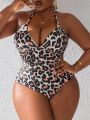 SHEIN Swim Vcay Plus Size Leopard Print Halter Neck One-Piece Swimsuit