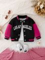 Baby Girl Letter Graphic Striped Trim Colorblock Varsity Jacket Without Tee