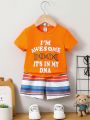 Baby Boys' Fun Letter Slogan Print Short Sleeve T-Shirt And Striped Shorts Set For Spring/Summer Casual Outfits