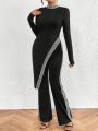 SHEIN Privé Colorblock High Slit Top And Flare Pants Set