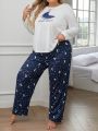 Plus Size Women's Letter & Moon Printed Long Sleeve Long Pants Pyjama Set