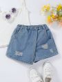 Little Girls' Cutout Ripped Denim Skirt-Look Pants