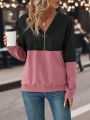 SHEIN LUNE Two Tone Half Zip Drop Shoulder Sweatshirt