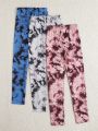 SHEIN Kids EVRYDAY Tween Girls Tie Dye Combination Of Casual Leggings And Long Pants 3pcs/Set