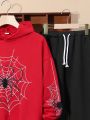 SHEIN Kids HYPEME Tween Boy Spider Web Print Hoodie & Drawstring Waist Sweatpants