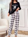 Women's Coffee Printed Long Sleeve T-shirt And Plaid Pants Pajama Set