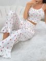 Frilled Edge Floral Print Cami & Long Pants Pajamas Set