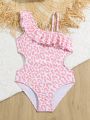 Little Girls' Leopard Print Hollow Out One Piece Swimsuit