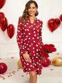 EMERY ROSE Valentine's Day Women Love Heart Print Flare Long Sleeve Dress With Scoop Neckline