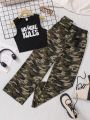 SHEIN Girls' Knitted Letter Printed Vest With Diagonal Pockets & Camouflage Pants & 1pc Waist Bag