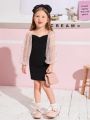 SHEIN Kids CHARMNG Toddler Girls Contrast Star Mesh Lantern Sleeve Dress