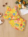 Baby Girls' Summer Sleeveless Floral Printed Top And Shorts Two Piece Set