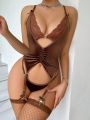 4pcs/set Lace Wireless Ruched Sexy Lingerie With Thong And 2 Pairs Of Fishnet Stockings