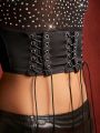 FLAMA Lace Up Corset Rhinestone Mesh Top