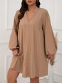 SHEIN LUNE Elegant Plus Size Long Sleeve V-neck Dress