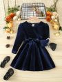 Young Girl Surplice Neck Puff Sleeve Belted Dress