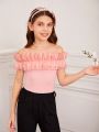 SHEIN Kids FANZEY Tween Girls' Knitted Mesh Patchwork Triple Tiered Ruffle Off Shoulder T-Shirt