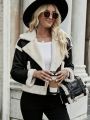 SHEIN Essnce Teddy Lined Drop Shoulder Leather Look Jacket