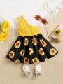 SHEIN Baby One Shoulder Sunflower Print Dress