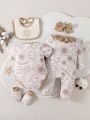 Baby Girls' Cute Simple Cartoon Print 5-Pcs Home Outfit, Including Long Sleeved Footed Jumpsuit, Short Sleeved Romper, Gloves, Bib And Hair Bow