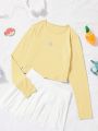 SHEIN Qutie Flower Embroidery Round Neck Long Sleeve T-shirt