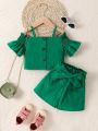 SHEIN Kids FANZEY Young Girl Summer Fresh Solid Color Casual 2-Piece Outfit, New Arrival