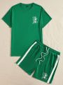 Manfinity Sporsity Men's Green Round Neck Printed Short Sleeve Top And Drawstring Shorts Knit Casual Two Piece Set