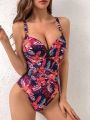 SHEIN DD+ Women's Tropical Print Push Up One Piece Swimsuit